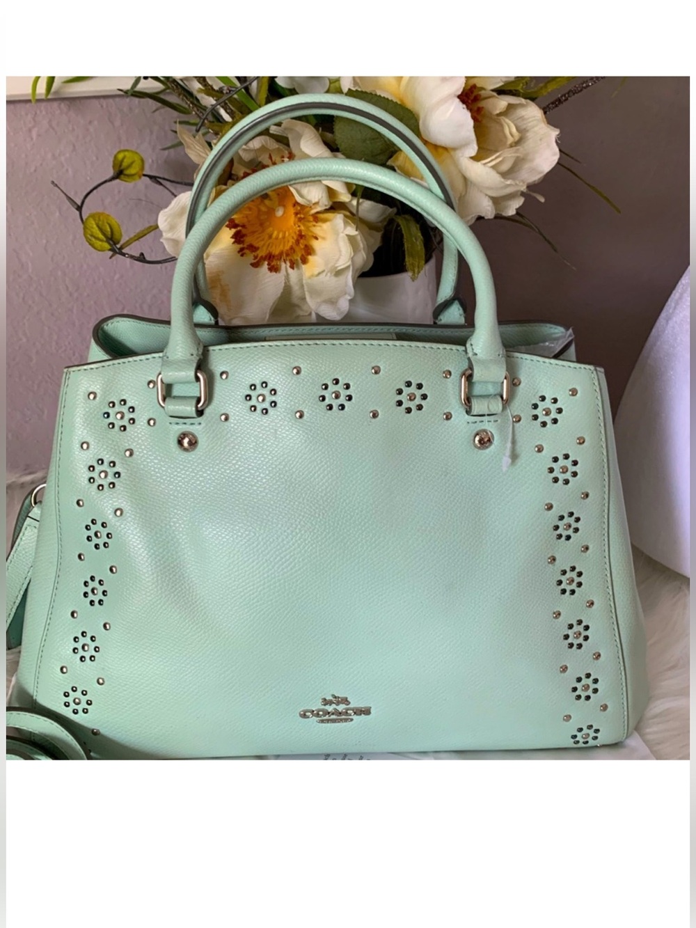 COACH SEA-GLASS MARGOT STUDDED
EMBELLISHED LEATHER  SATCHEL - Picture 13 of 14
